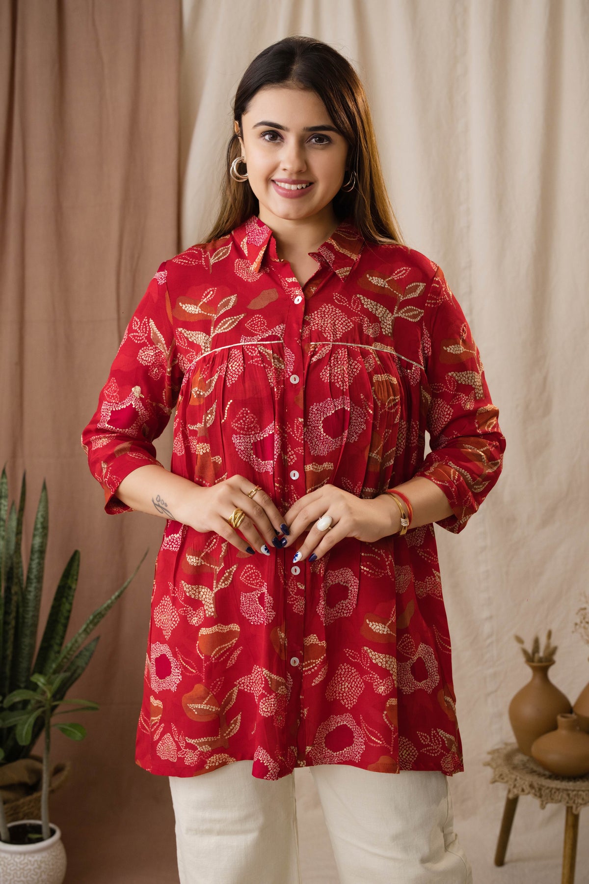 Amthi Women's Red Foil Silk Bandhani Printed A-Line Tunic