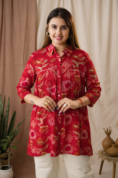 Amthi Women's Red Foil Silk Bandhani Printed A-Line Tunic