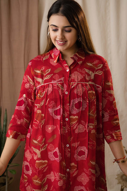 Amthi Women's Red Foil Silk Bandhani Printed A-Line Tunic