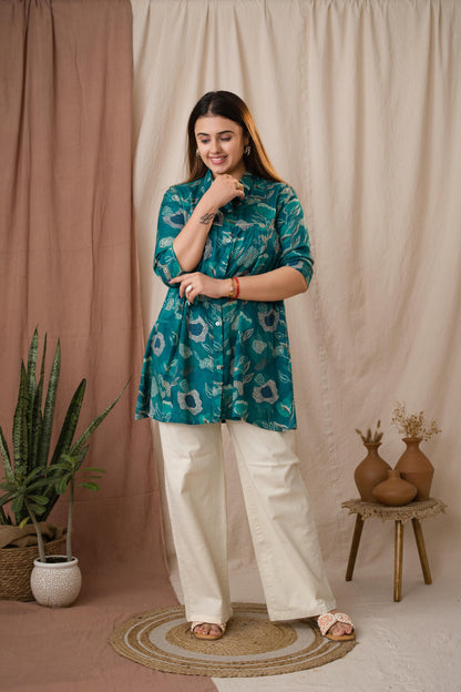 Amthi Women's Teal Blue Silk Bandhani Printed A-Line Tunic