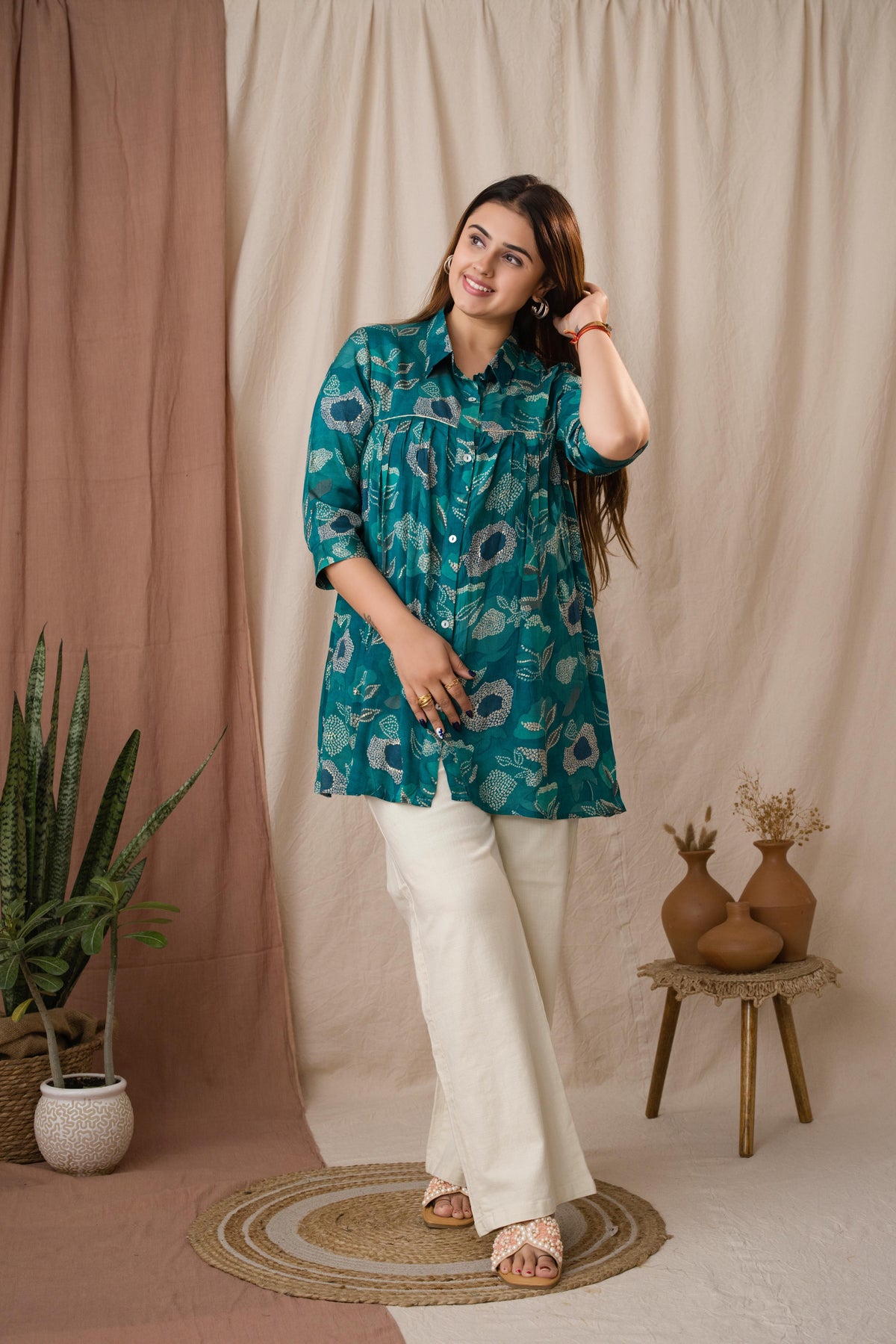 Amthi Women's Teal Blue Silk Bandhani Printed A-Line Tunic