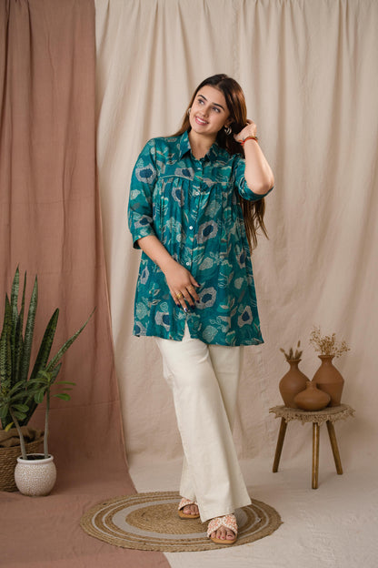 Amthi Women's Teal Blue Silk Bandhani Printed A-Line Tunic