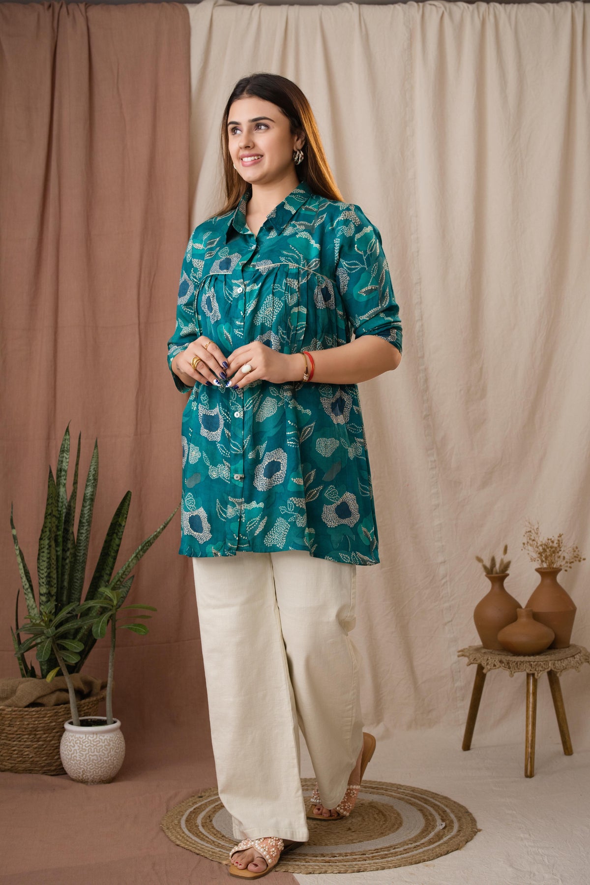 Amthi Women's Teal Blue Silk Bandhani Printed A-Line Tunic