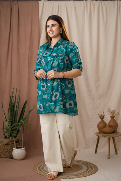 Amthi Women's Teal Blue Silk Bandhani Printed A-Line Tunic
