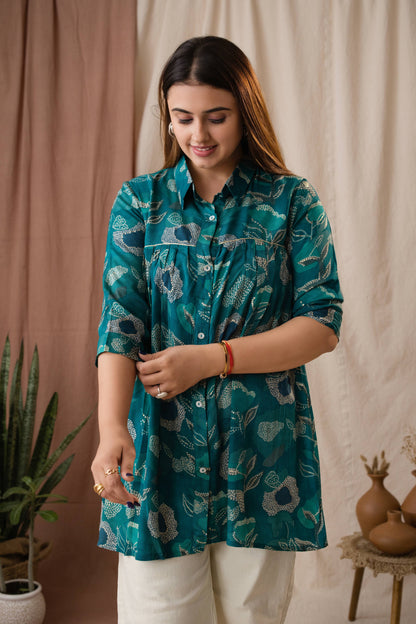 Amthi Women's Teal Blue Silk Bandhani Printed A-Line Tunic