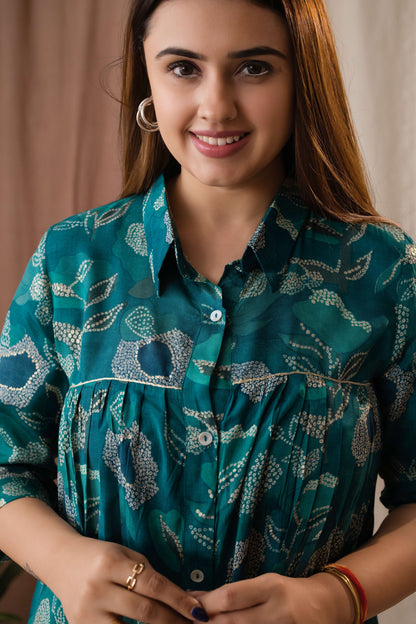 Amthi Women's Teal Blue Silk Bandhani Printed A-Line Tunic
