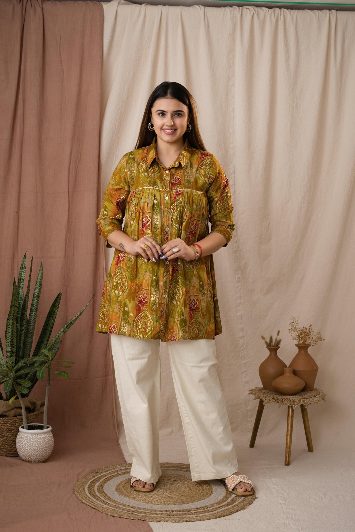 Amthi Women's Mustard Silk Paisley Foil Printed A-Line Tunic