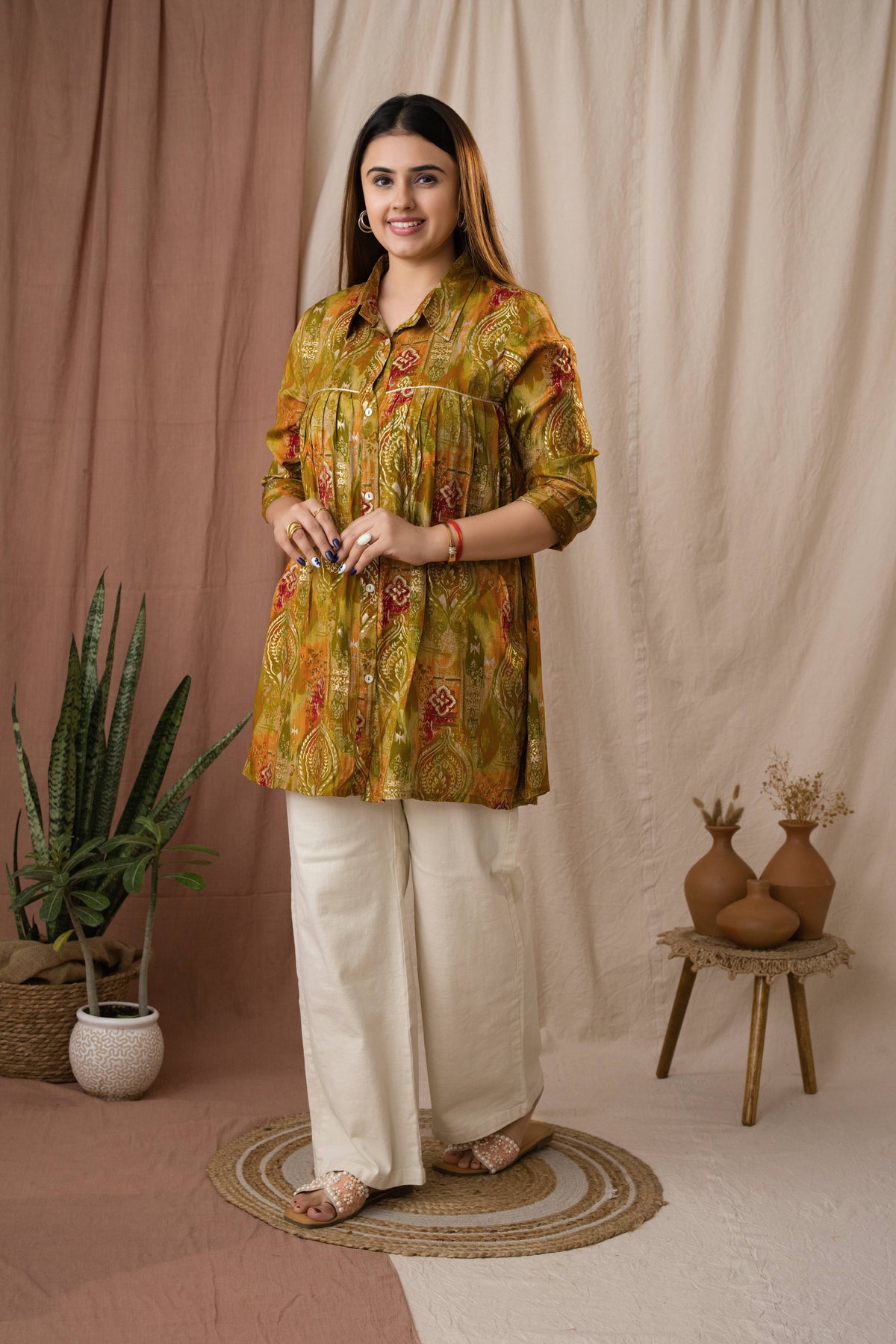 Amthi Women's Mustard Silk Paisley Foil Printed A-Line Tunic