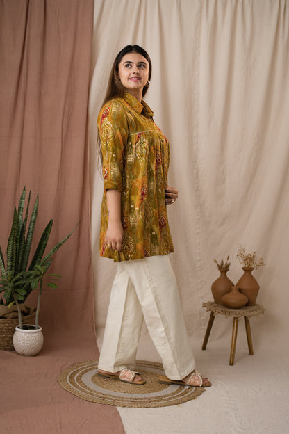 Amthi Women's Mustard Silk Paisley Foil Printed A-Line Tunic