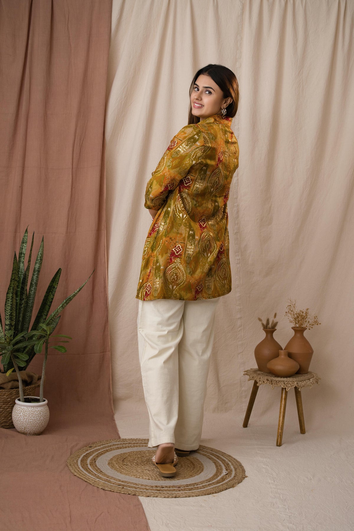 Amthi Women's Mustard Silk Paisley Foil Printed A-Line Tunic