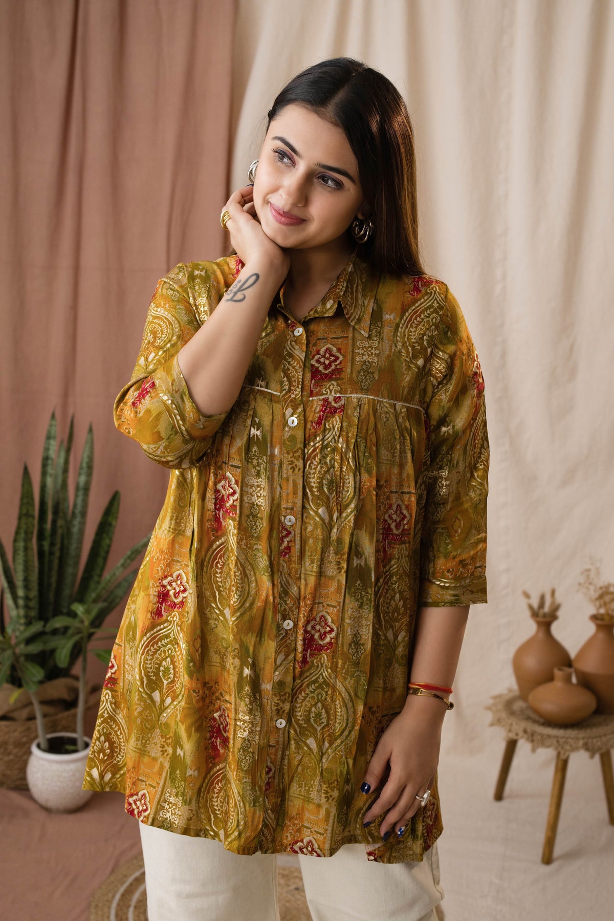 Amthi Women's Mustard Silk Paisley Foil Printed A-Line Tunic