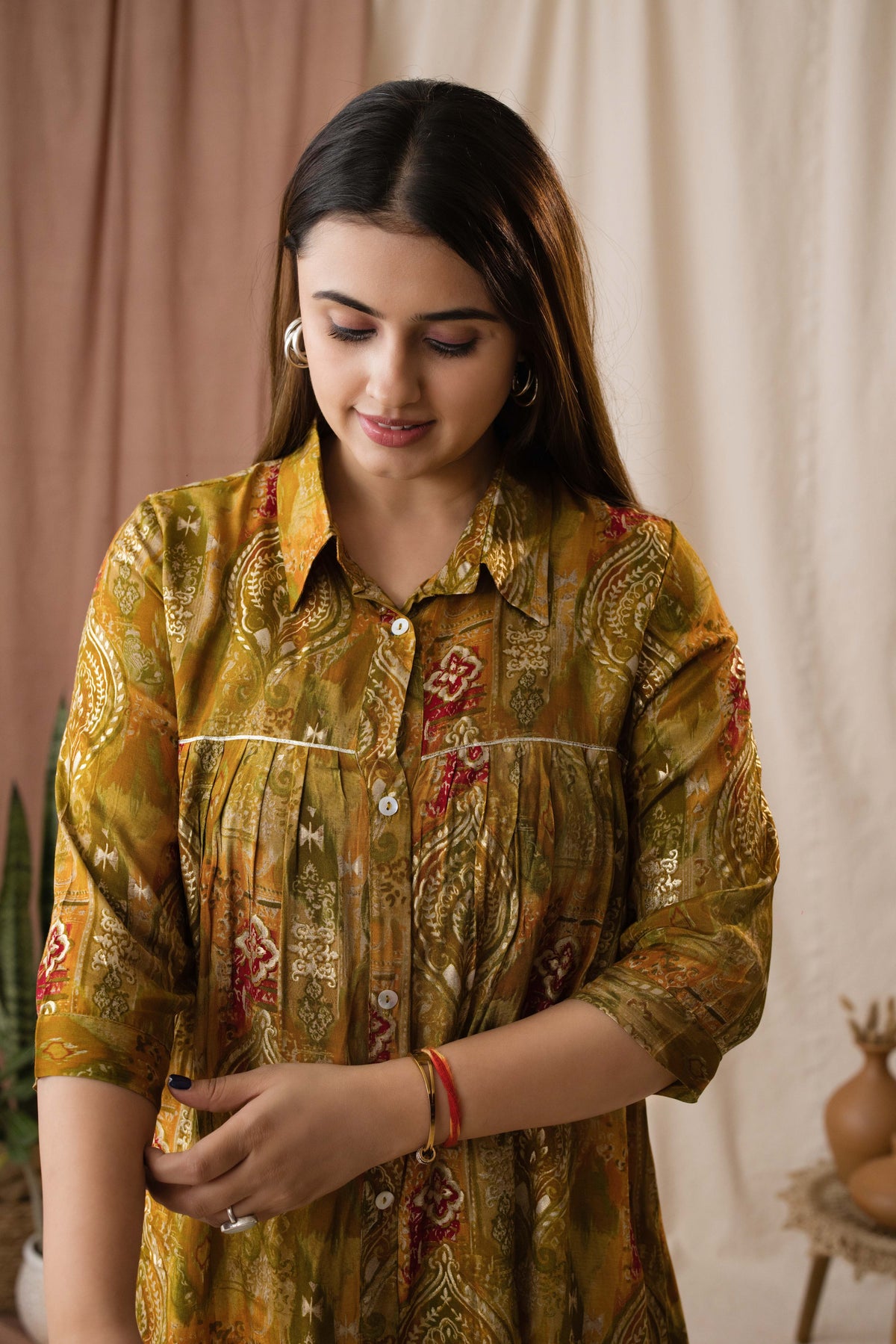 Amthi Women's Mustard Silk Paisley Foil Printed A-Line Tunic