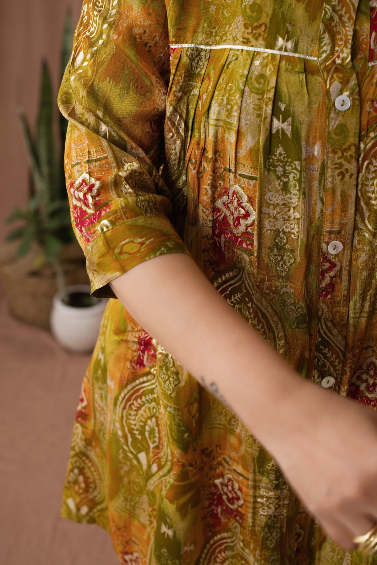 Amthi Women's Mustard Silk Paisley Foil Printed A-Line Tunic