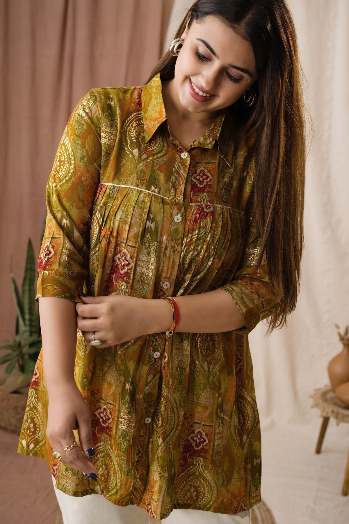 Amthi Women's Mustard Silk Paisley Foil Printed A-Line Tunic