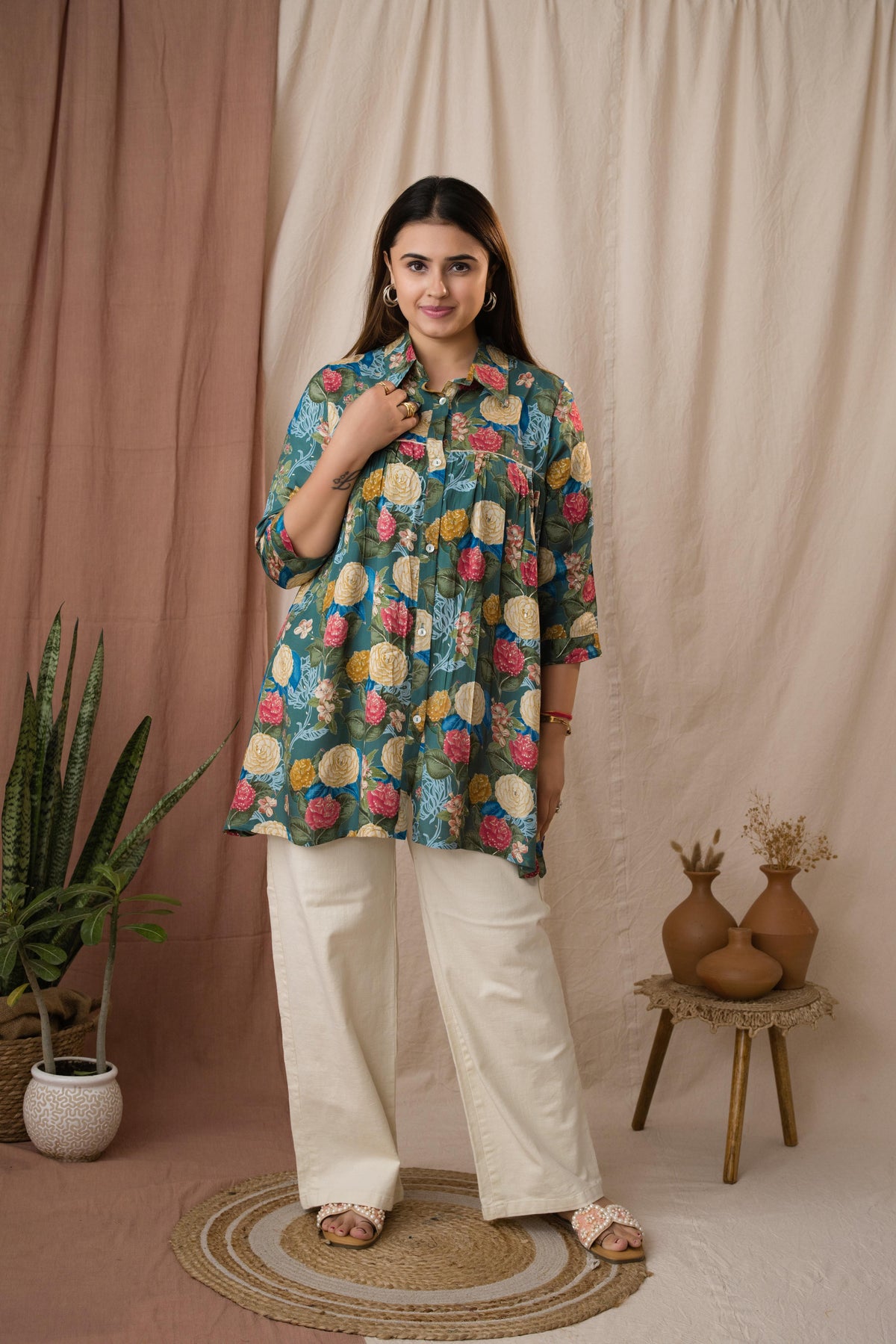 Amthi Women's Sea Green Silk Floral Foil Printed Gathered Tunic
