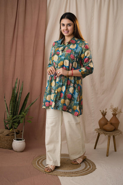 Amthi Women's Sea Green Silk Floral Foil Printed Gathered Tunic