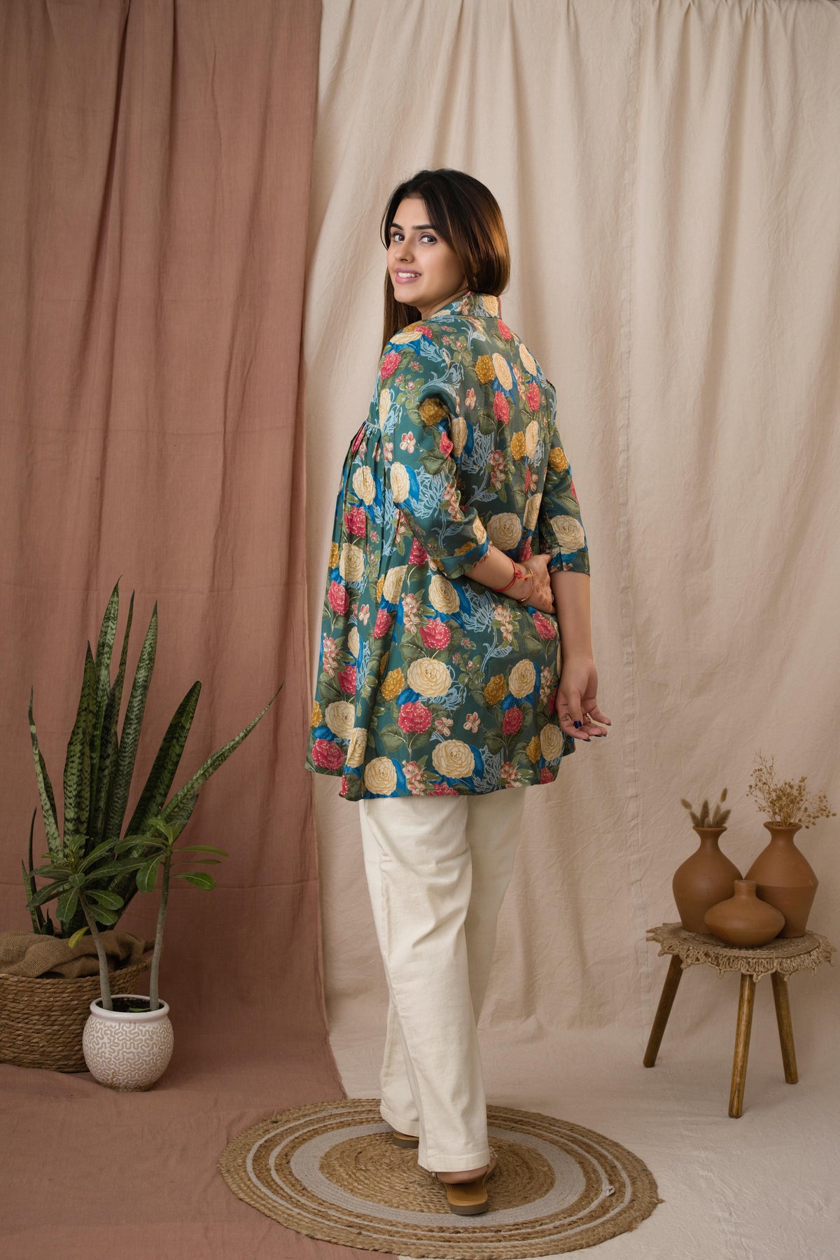 Amthi Women's Sea Green Silk Floral Foil Printed Gathered Tunic
