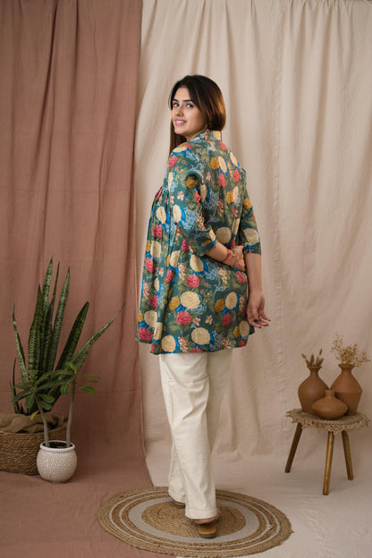 Amthi Women's Sea Green Silk Floral Foil Printed Gathered Tunic