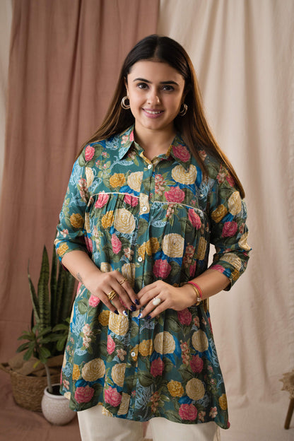 Amthi Women's Sea Green Silk Floral Foil Printed Gathered Tunic