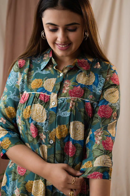 Amthi Women's Sea Green Silk Floral Foil Printed Gathered Tunic