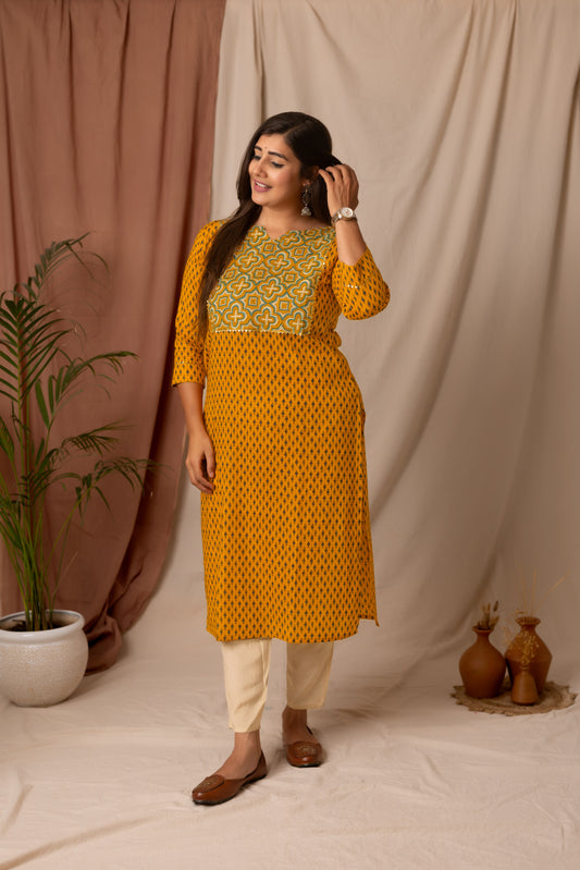 Amthi Women's Mustard Floral Printed Cotton Straight Kurta| Daily Wear Kurti