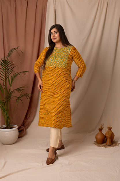 Amthi Women's Mustard Floral Printed Cotton Straight Kurta| Daily Wear Kurti