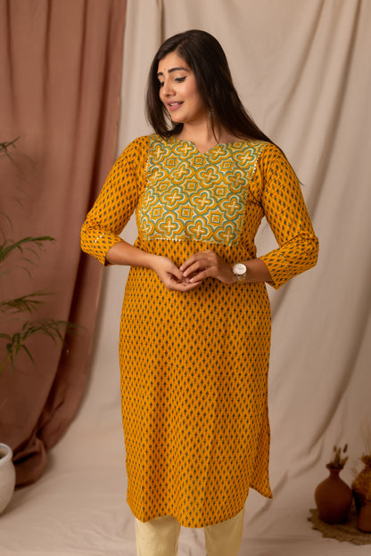 Amthi Women's Mustard Floral Printed Cotton Straight Kurta| Daily Wear Kurti