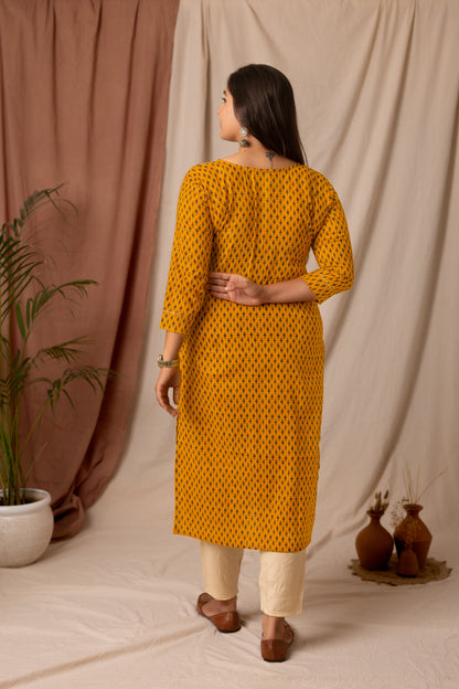 Amthi Women's Mustard Floral Printed Cotton Straight Kurta| Daily Wear Kurti