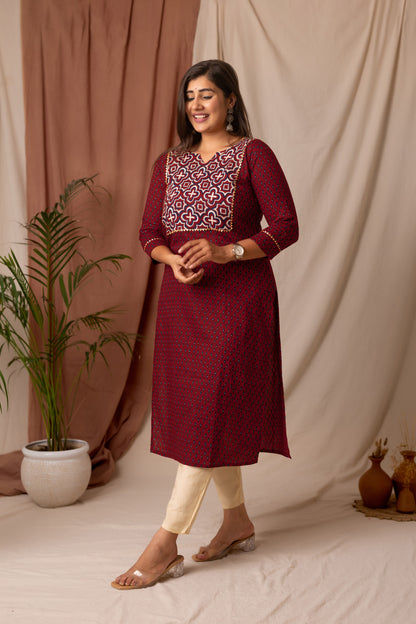Amthi Women's Maroon Rayon Straight Printed Kurta | Daily Wear Kurti
