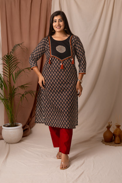 Amthi Black Soft Rayon Ajrakh Print Straight Kurta | Daily Wear Kurti For Women