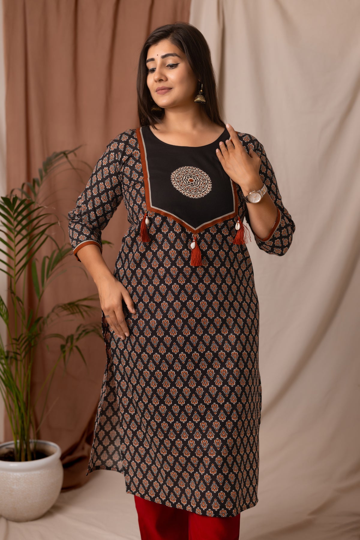 Amthi Black Soft Rayon Ajrakh Print Straight Kurta | Daily Wear Kurti For Women