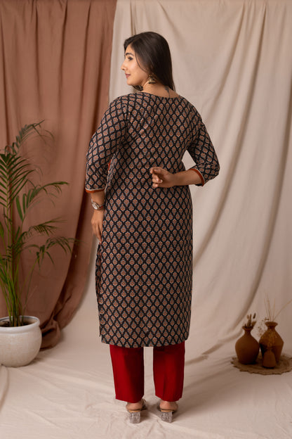 Amthi Black Soft Rayon Ajrakh Print Straight Kurta | Daily Wear Kurti For Women