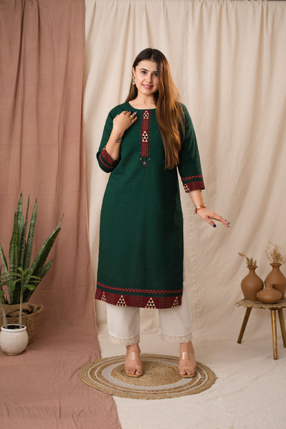 Amthi Women's Green Linen Straight Kurta For Daily Wear