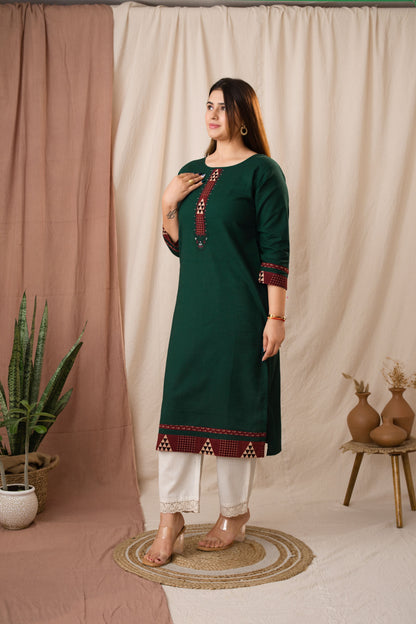 Amthi Women's Green Linen Straight Kurta For Daily Wear