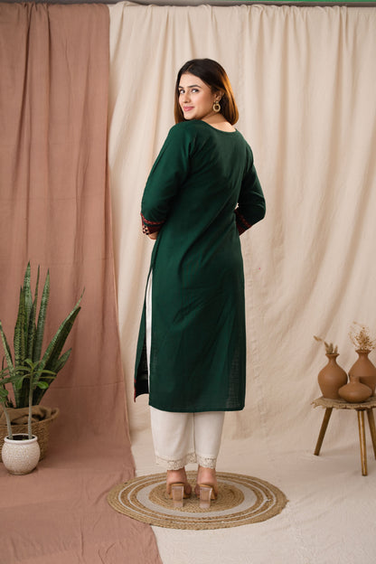 Amthi Women's Green Linen Straight Kurta For Daily Wear