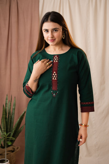 Amthi Women's Green Linen Straight Kurta For Daily Wear