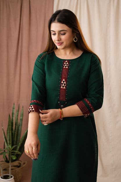 Amthi Women's Green Linen Straight Kurta For Daily Wear