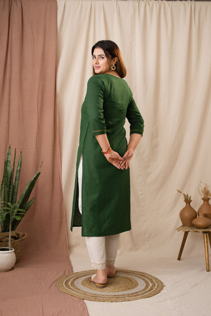 Amthi Women Green Linen Cotton Embroidered Kurta
