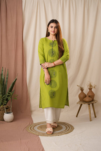 Amthi Women's Geometric Lime Green Cotton Linen Kurta