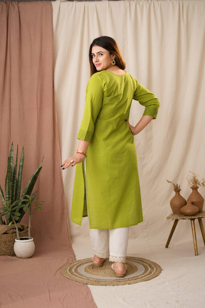 Amthi Women's Geometric Lime Green Cotton Linen Kurta