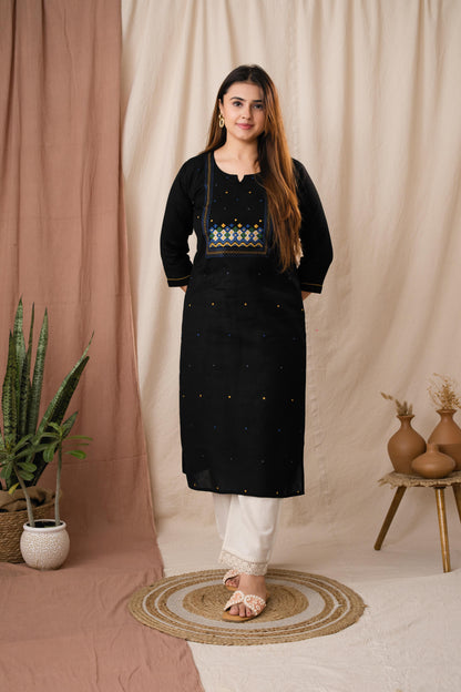 Amthi Women Black Linen Cotton Embroidered Kurta