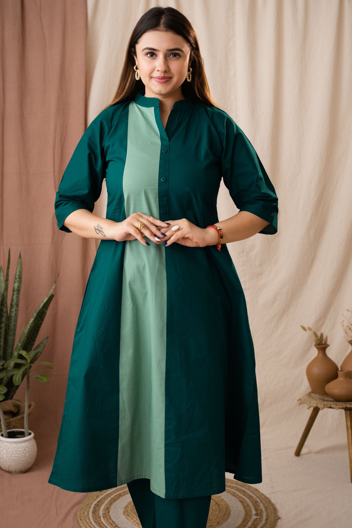 Amthi Women's Sea Green Pure Cotton A-Line Kurta Set
