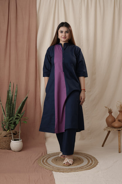 Amthi Women's Navy Blue Pure Cotton A-Line Kurta Set