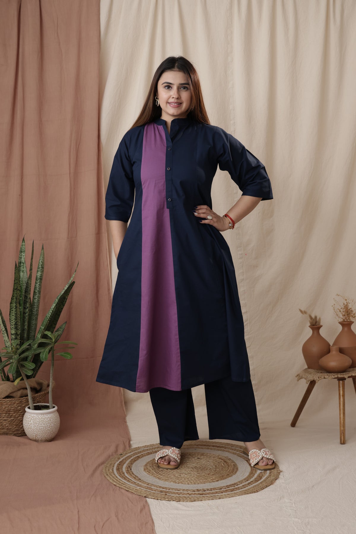 Amthi Women's Navy Blue Pure Cotton A-Line Kurta Set