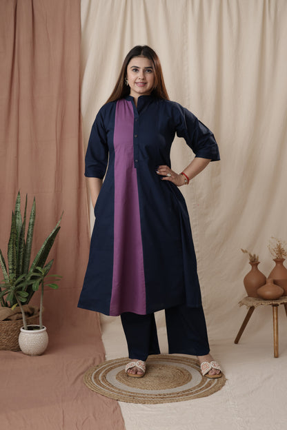 Amthi Women's Navy Blue Pure Cotton A-Line Kurta Set