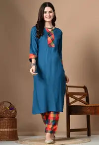 Blue Cotton Rayon Round Neck Self Design Patch Work Calf Length Kurta Palazzo Sets For Women