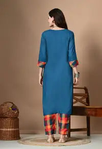 Blue Cotton Rayon Round Neck Self Design Patch Work Calf Length Kurta Palazzo Sets For Women