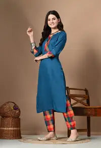 Blue Cotton Rayon Round Neck Self Design Patch Work Calf Length Kurta Palazzo Sets For Women