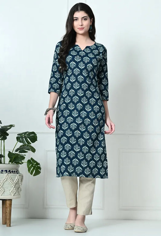 Amthi Teal Block Print Straight Kurta For Women| Daily Wear Kurti