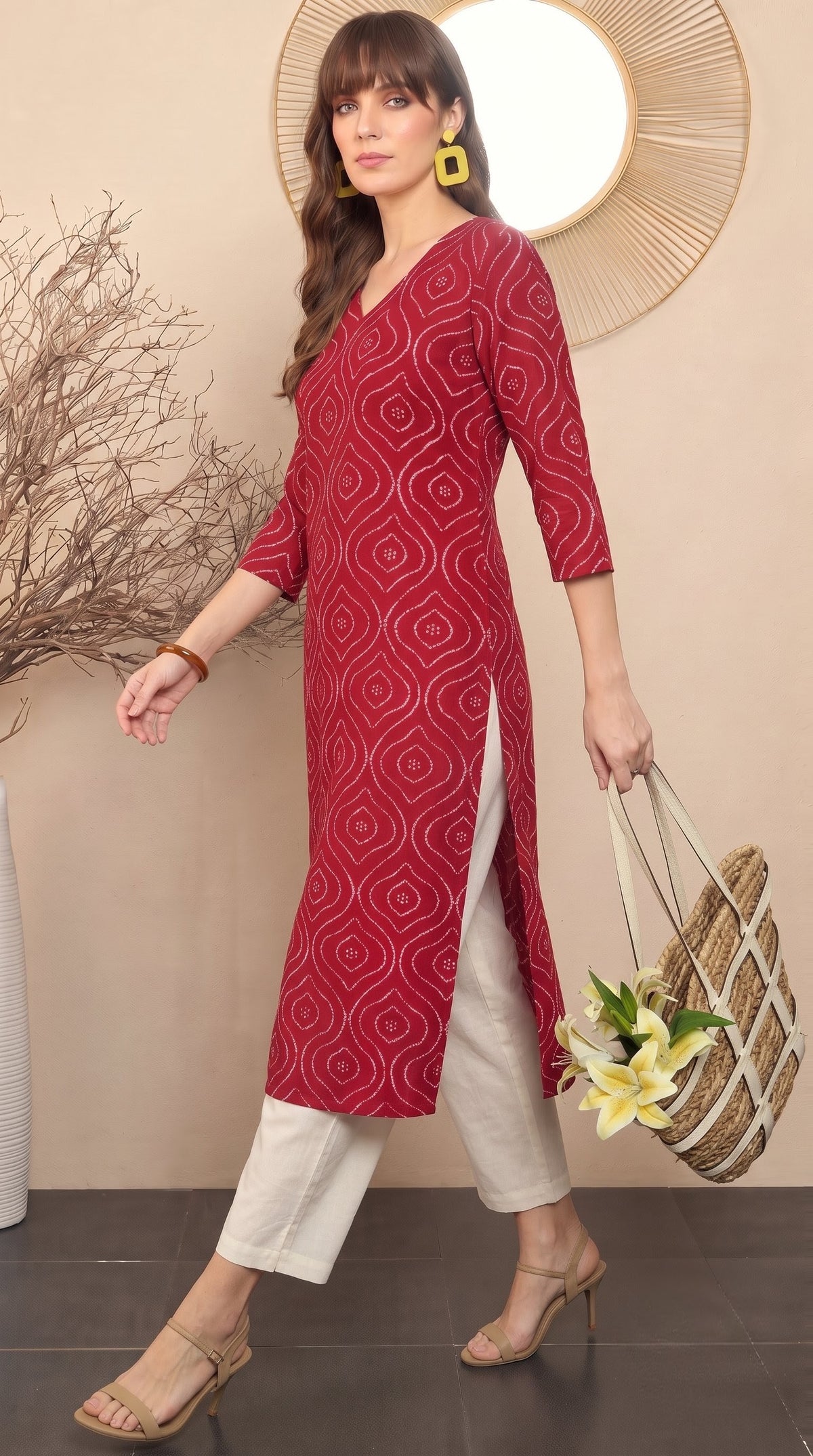 Amthi Maroon Bandhani Print Straight Kurta| Rayon Daily Wear Kurti For Women